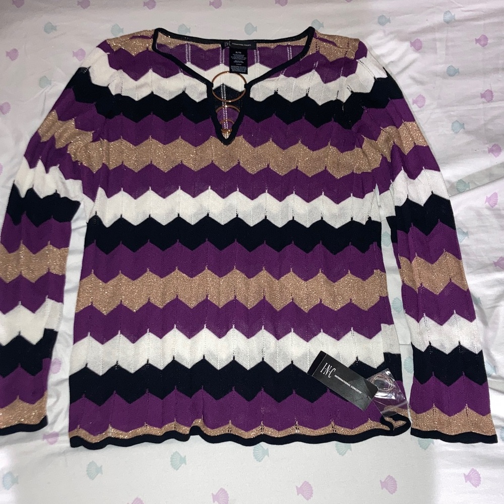 INC International Concepts Women's Purple and Gold Chevron Top